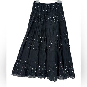 Vintage Black Tiered Maxi Skirt Sequin Embellished Boho Festival Gypsy XL